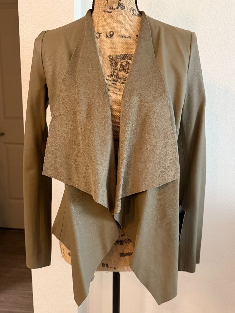 Zara Olive Faux Leather Waterfall Jacket XS NWT Draped Open Front